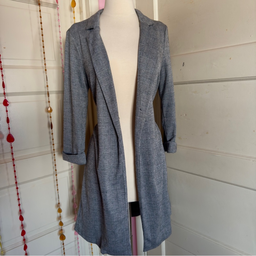 Iris Gray Plaid Longline Open Front Blazer Jacket Career Size M